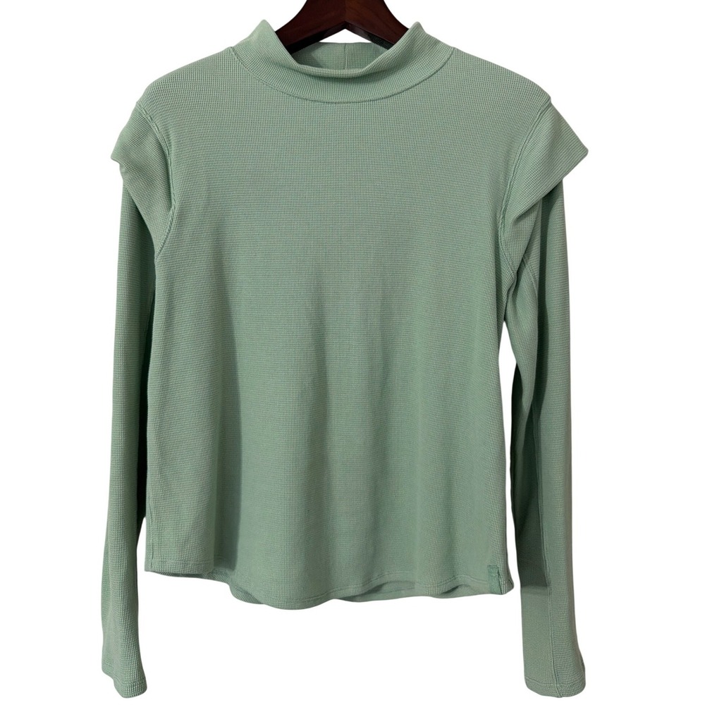 Free People We‎ The Free Sage Green Waffle Knit Ruffle Shoulder Top XL OB1263667